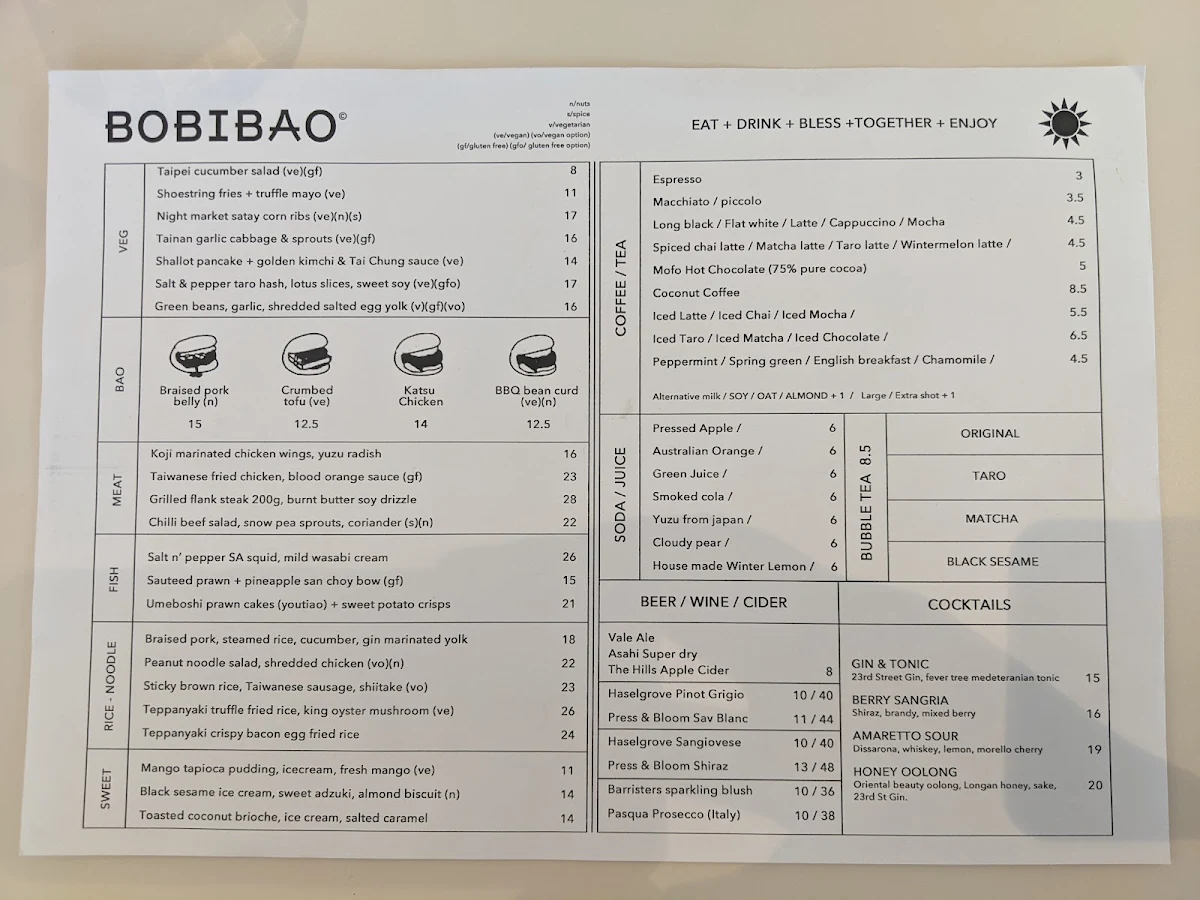 Menu, Bobibao