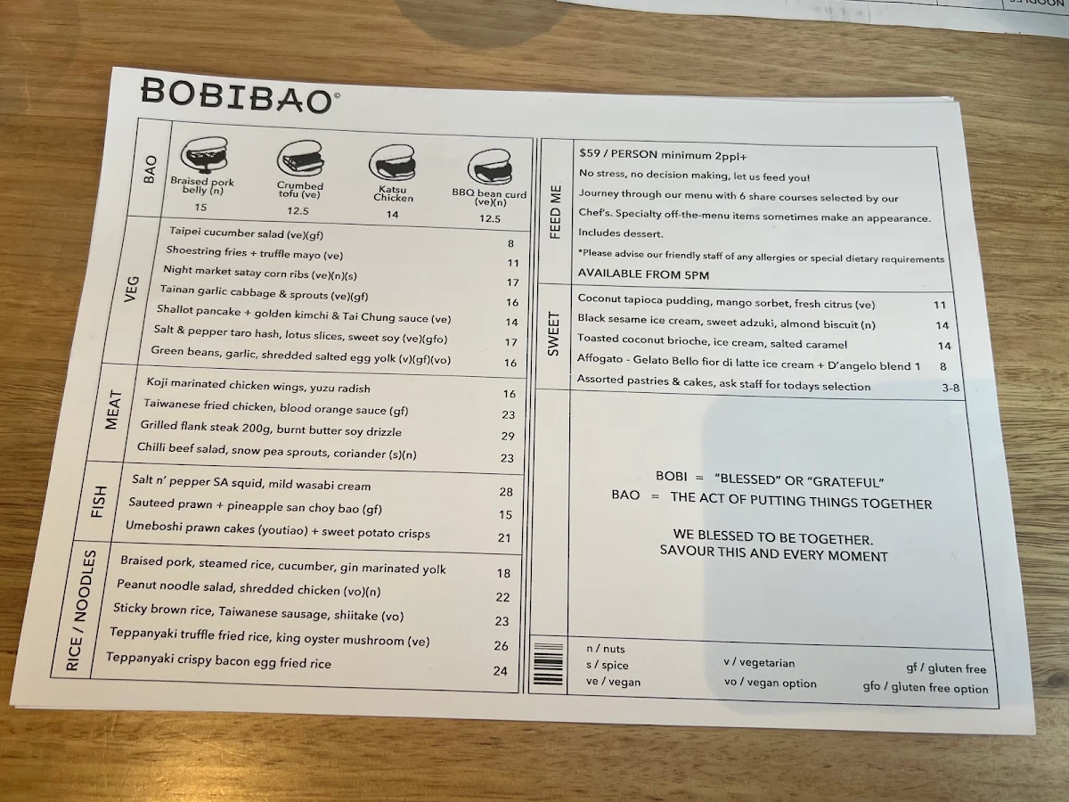 Menu, Bobibao