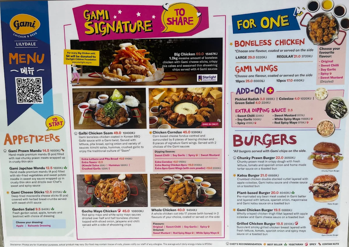 Menu, Gami Korean Chicken