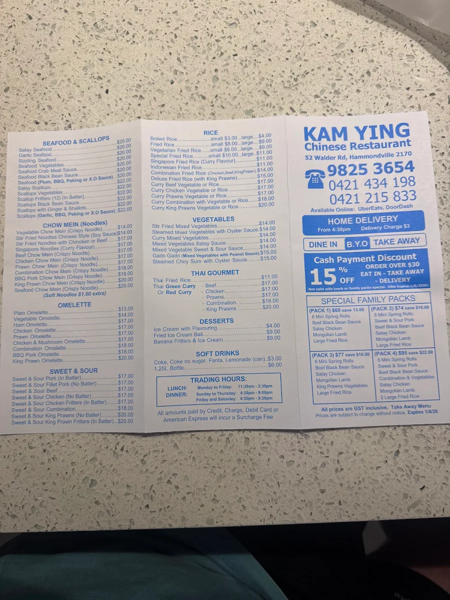 Menu, Kam Ying Chinese Restaurant