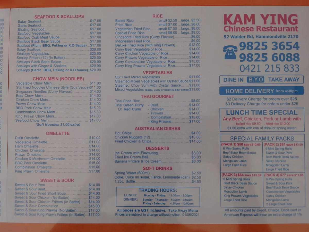 Menu, Kam Ying Chinese Restaurant