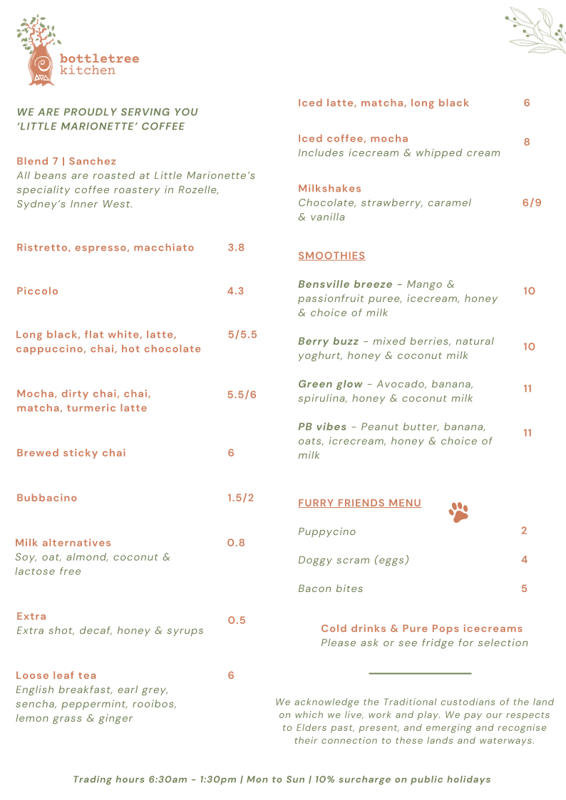 Menu, Bottletree Kitchen