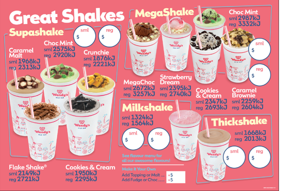 Menu, Wendy's Bass Hill
