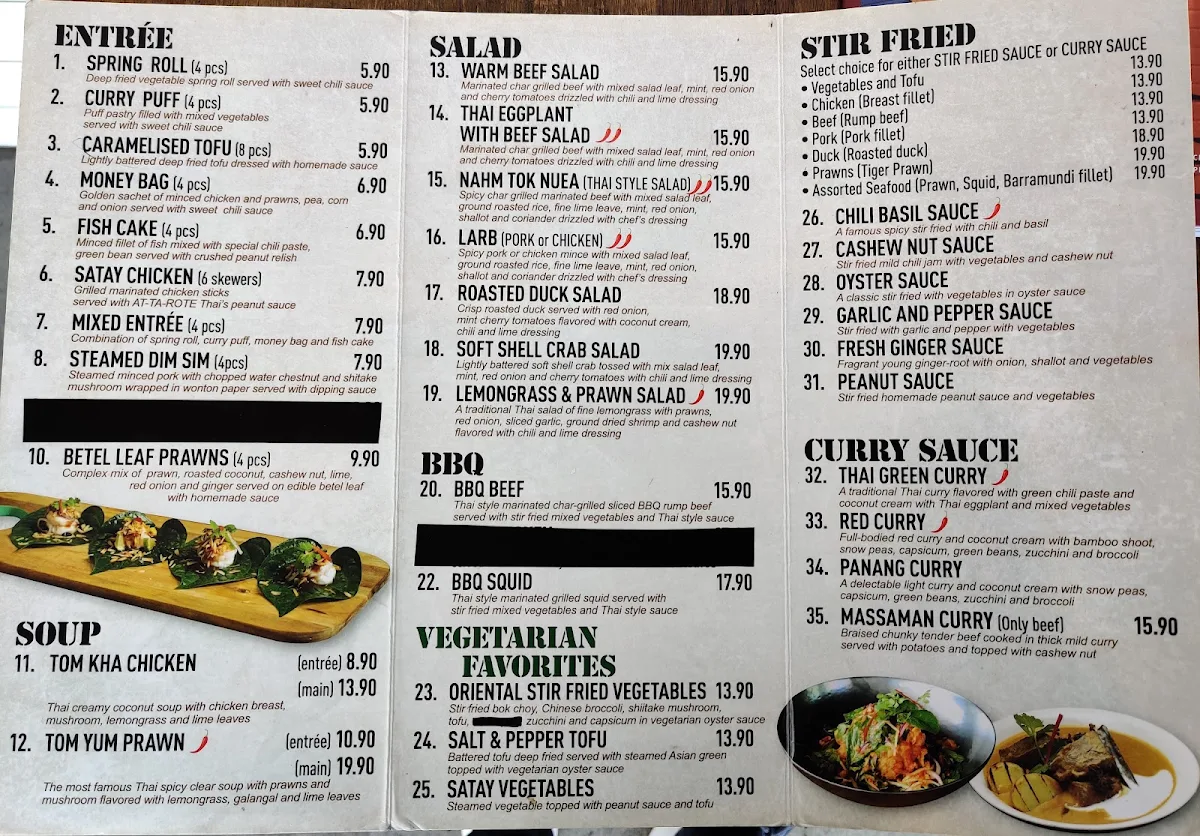 Menu, At-Ta-Rote Thai