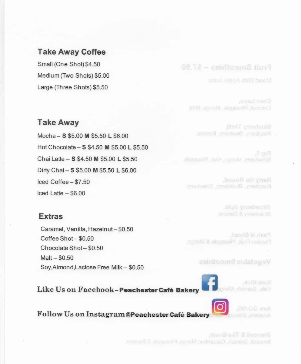 Menu, The Peachester Cafe Bakery