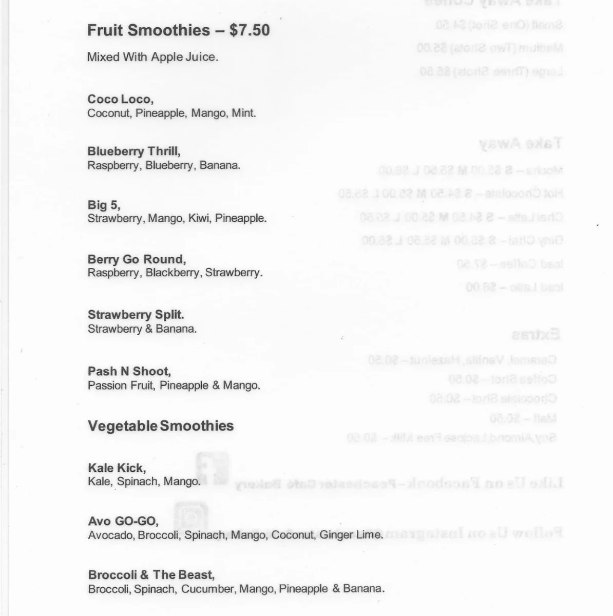 Menu, The Peachester Cafe Bakery
