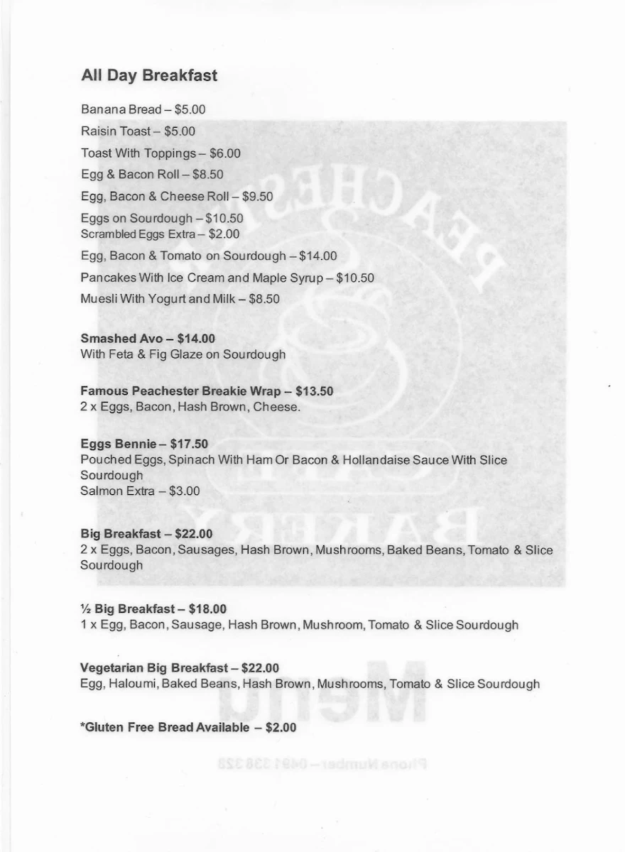 Menu, The Peachester Cafe Bakery