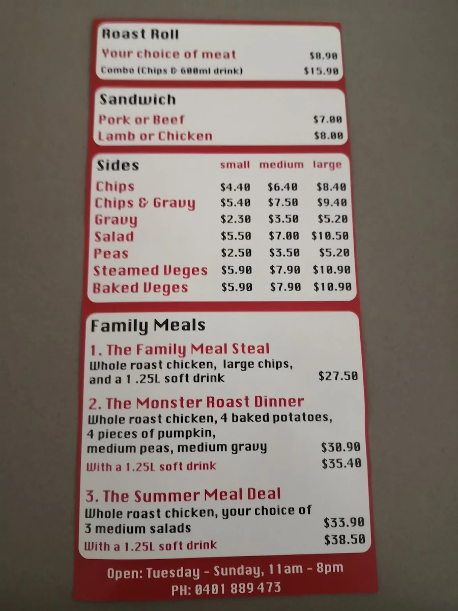 Menu, The Carvery Roast Meals Oxenford