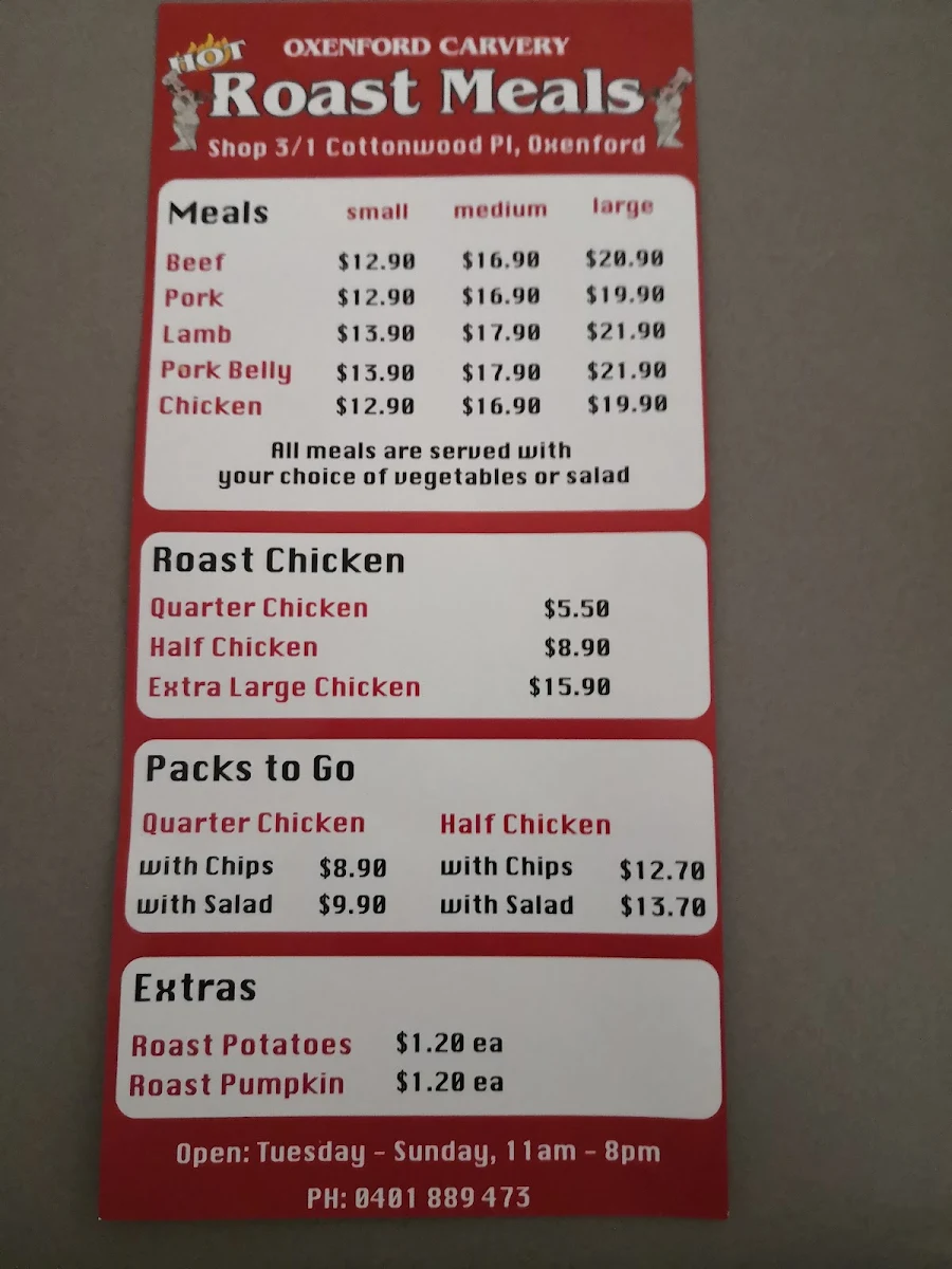 Menu, The Carvery Roast Meals Oxenford