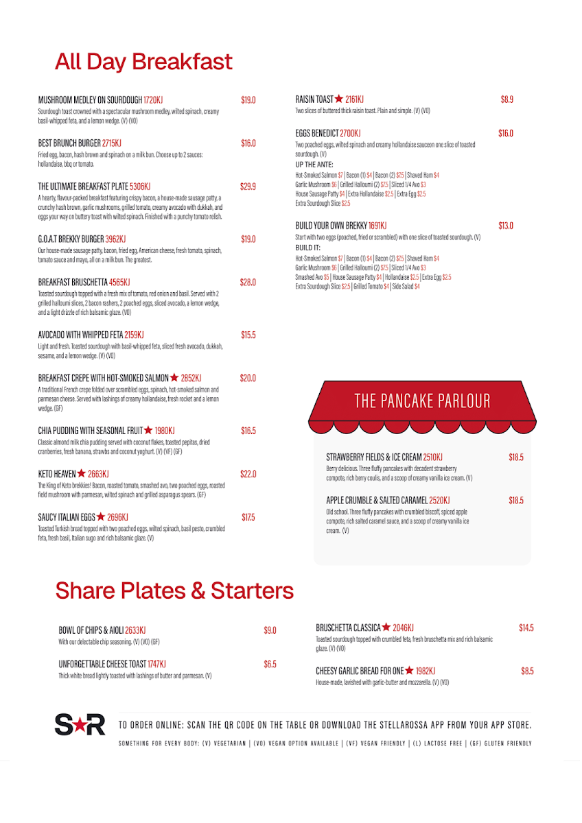 Menu, Stellarossa Everton Park