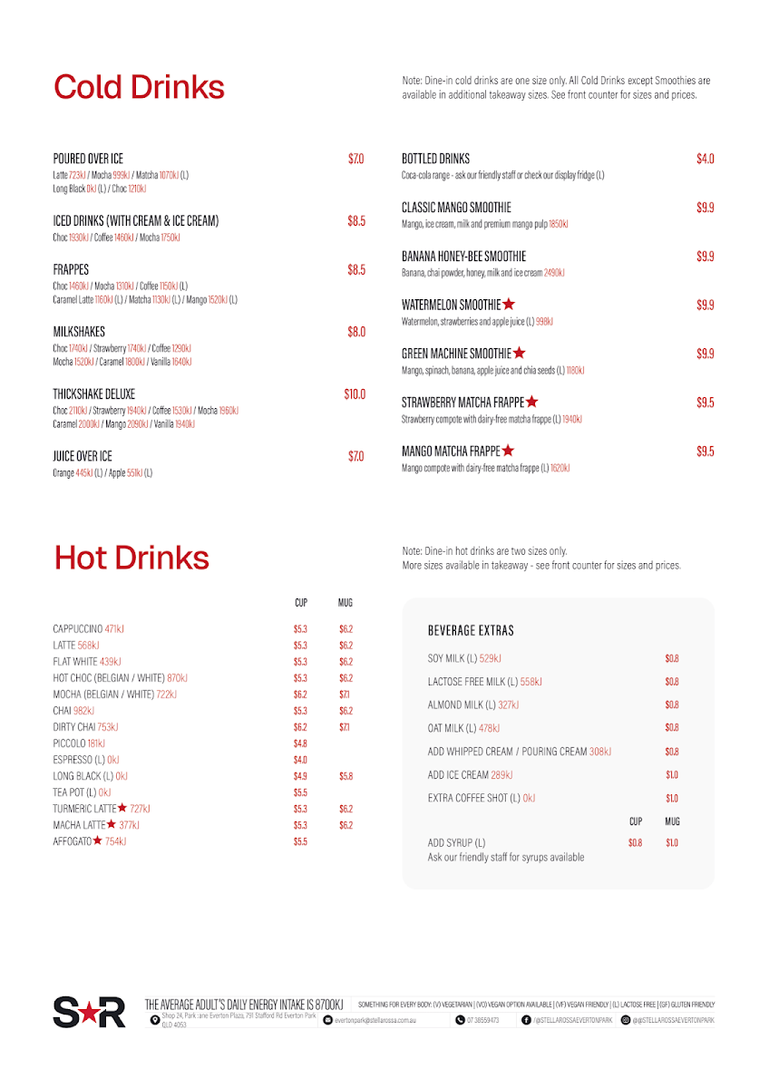 Menu, Stellarossa Everton Park