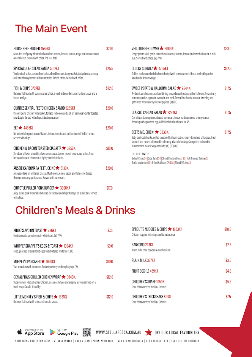 Menu, Stellarossa Everton Park