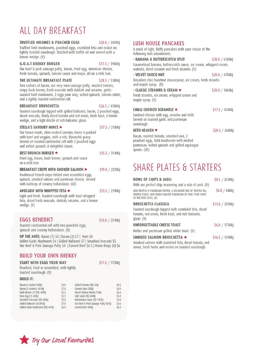 Menu, Stellarossa Everton Park
