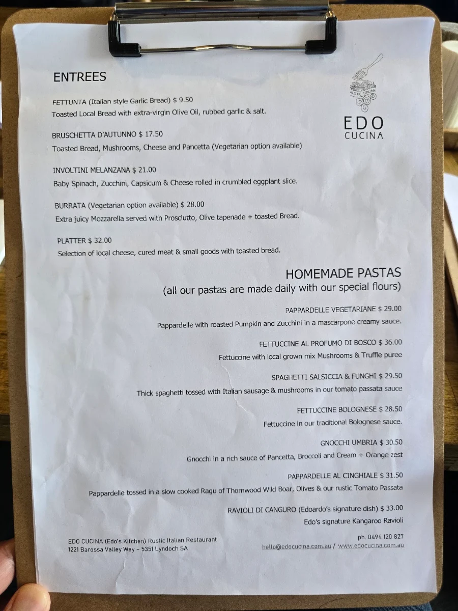 Menu, EDO CUCINA