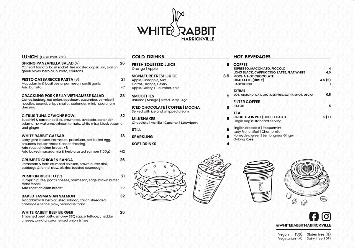 Menu, White Rabbit Marrickville