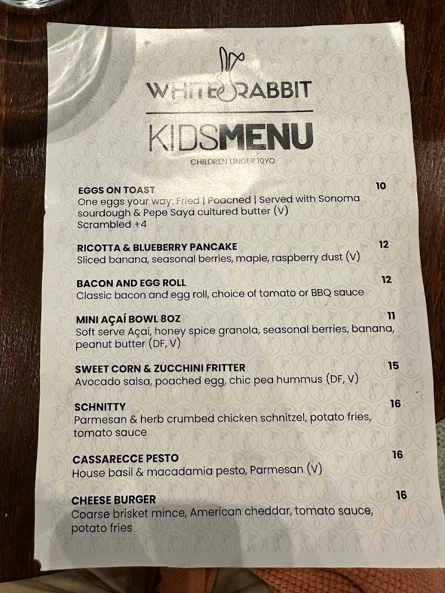 Menu, White Rabbit Marrickville