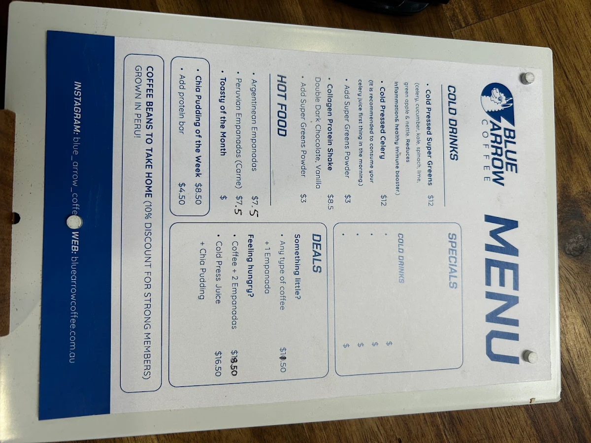 Menu, Blue Arrow Coffee