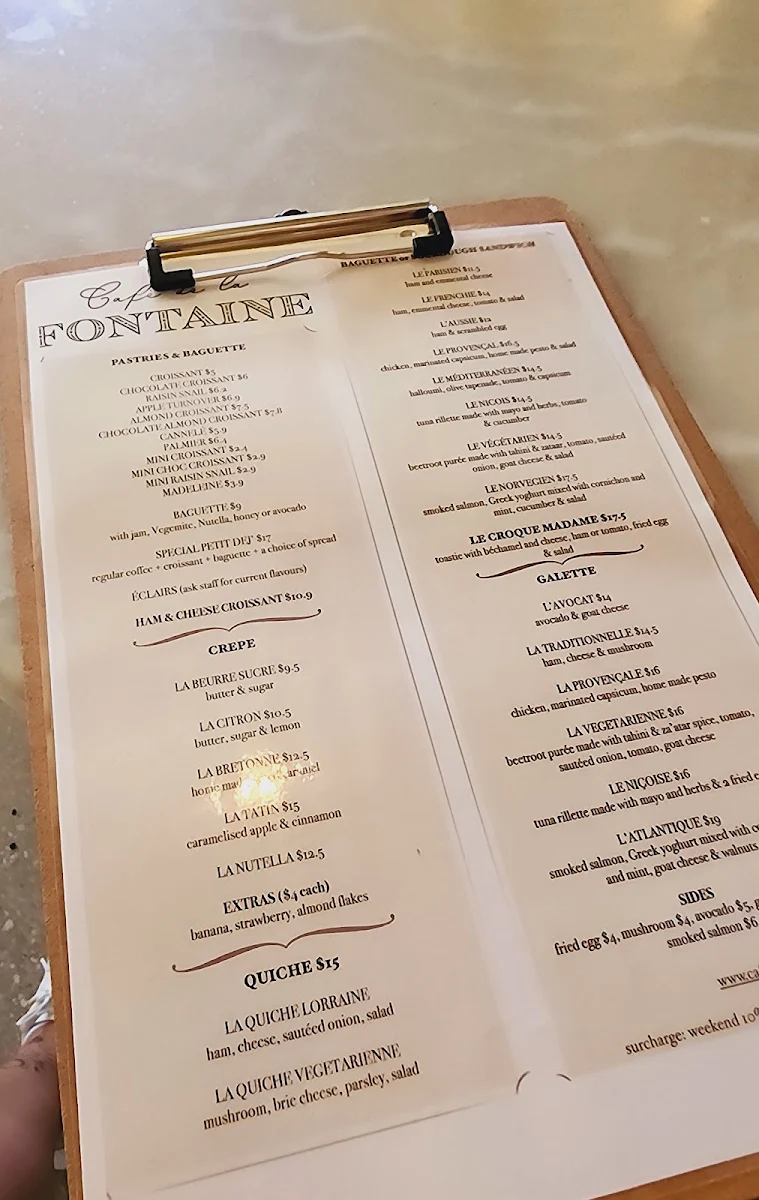 Menu, Café de la Fontaine