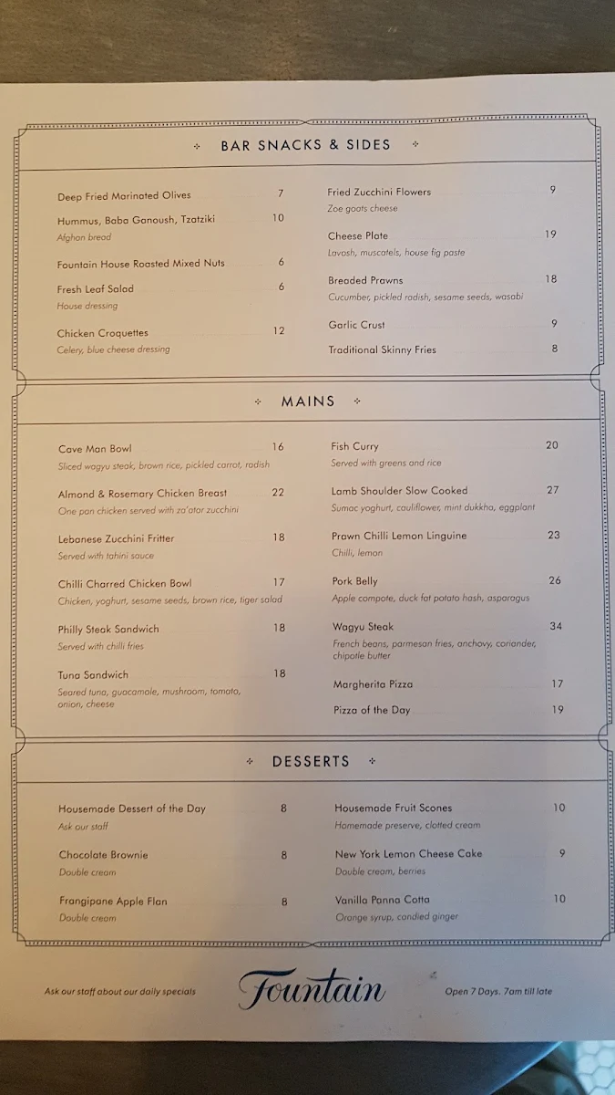 Menu, Café de la Fontaine