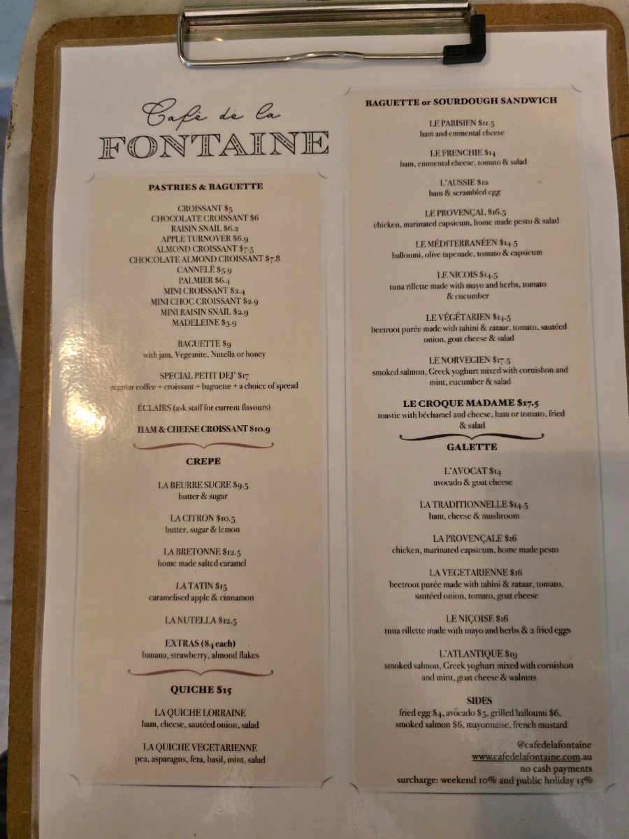 Menu, Café de la Fontaine