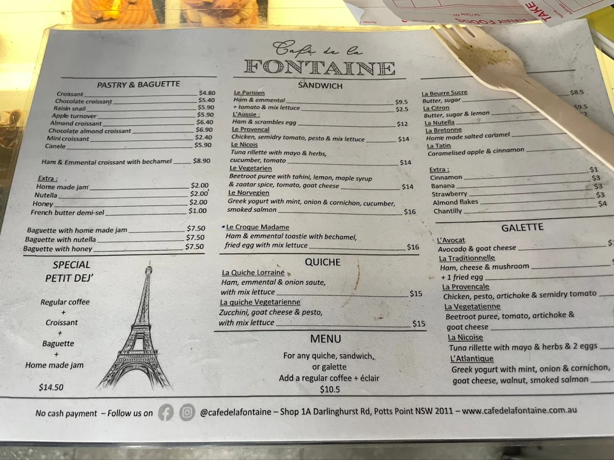 Menu, Café de la Fontaine