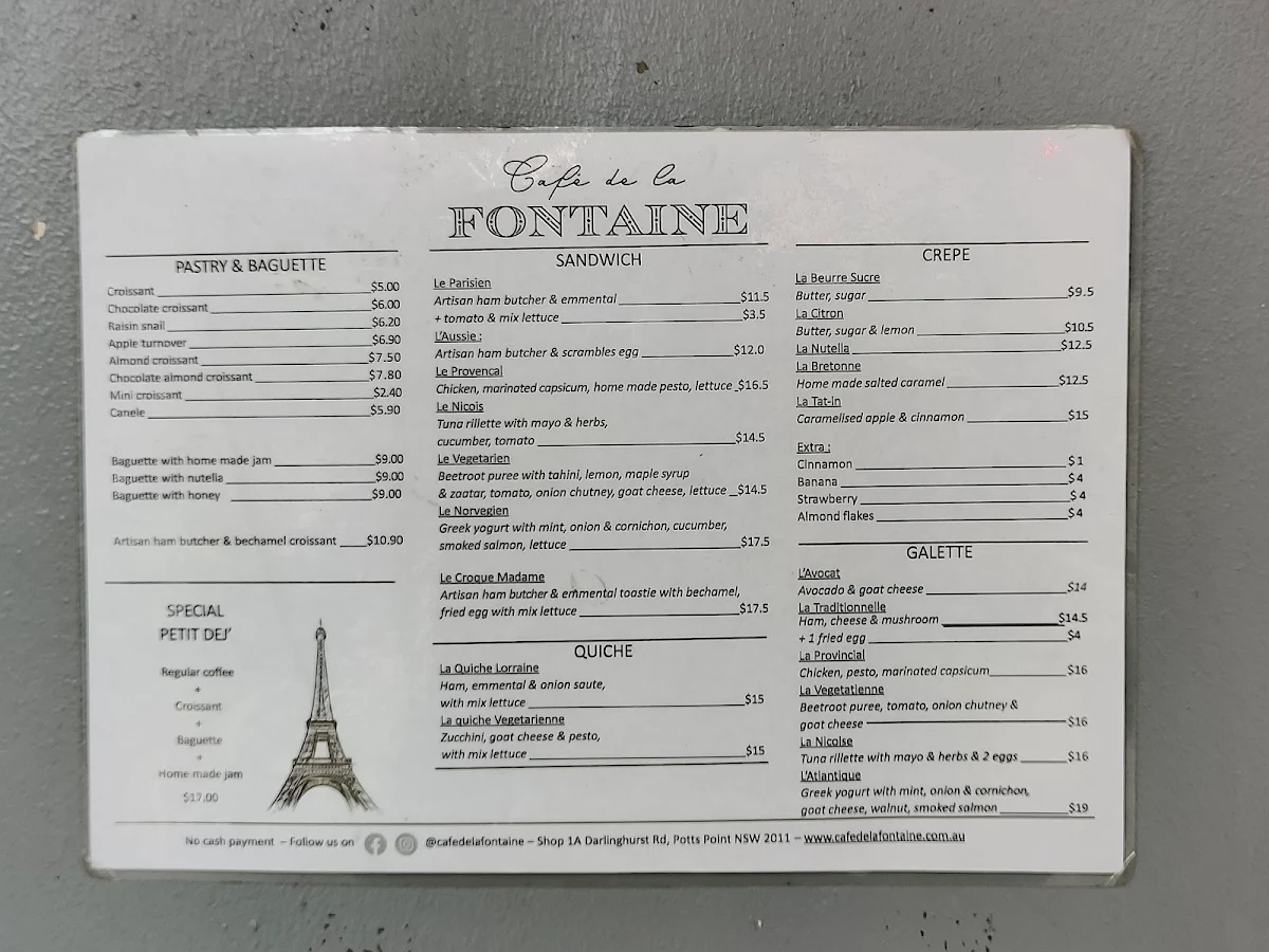 Menu, Café de la Fontaine