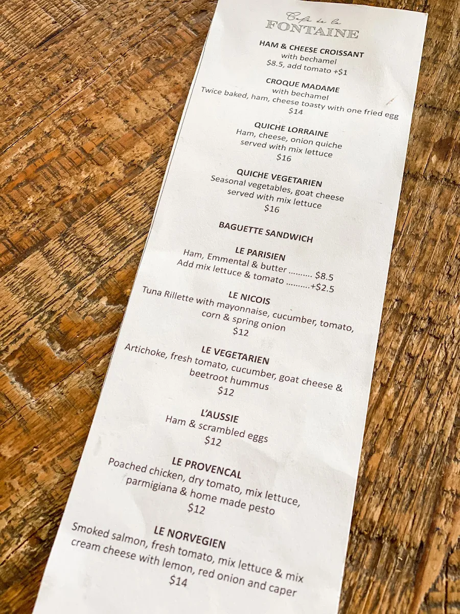 Menu, Café de la Fontaine