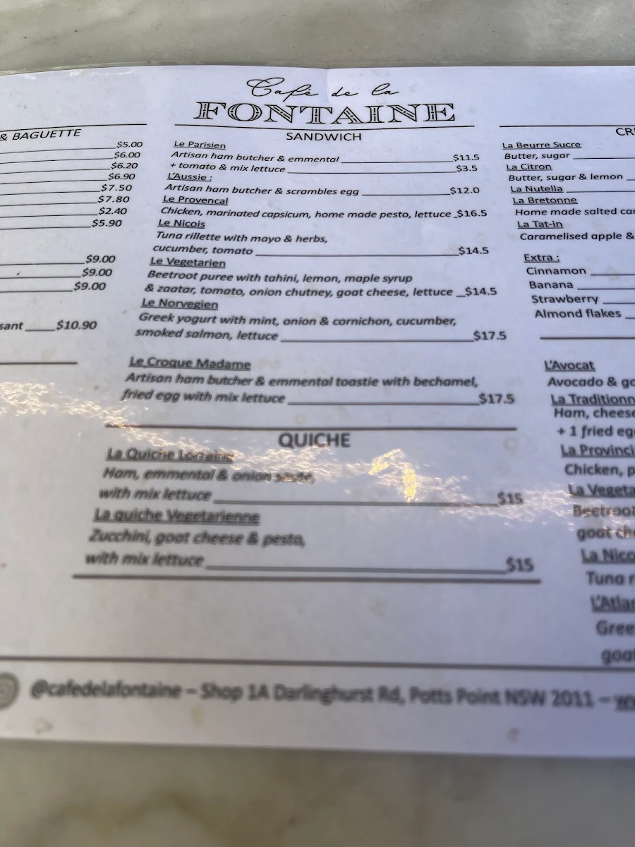 Menu, Café de la Fontaine