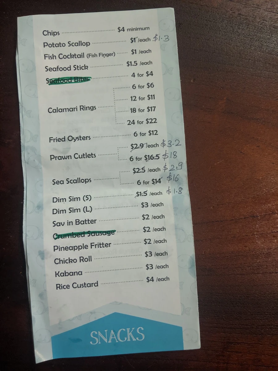 Menu, Tippler's Seafood