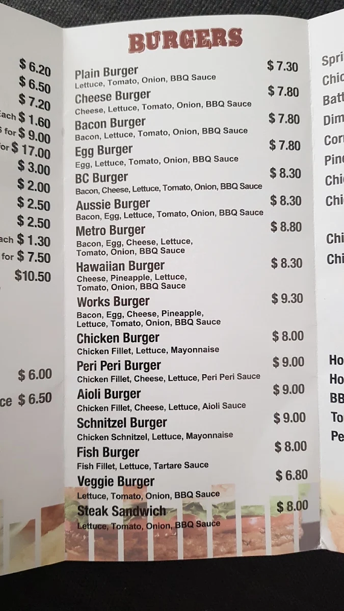 Menu, Merrylands West Takeaway