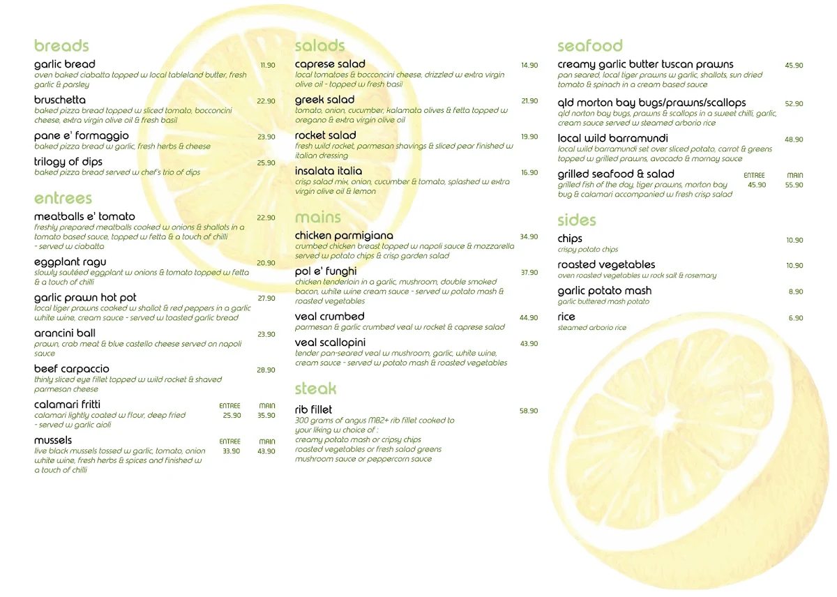 Menu, Lemoncello's Cairns