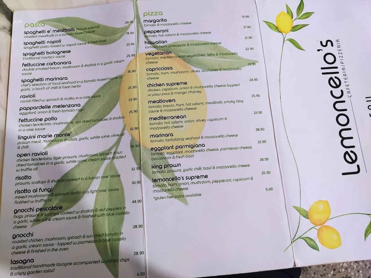Menu, Lemoncello's Cairns