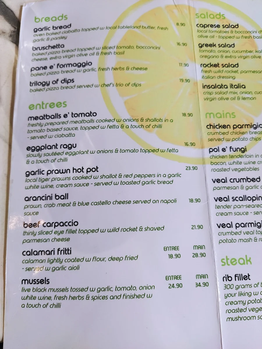 Menu, Lemoncello's Cairns