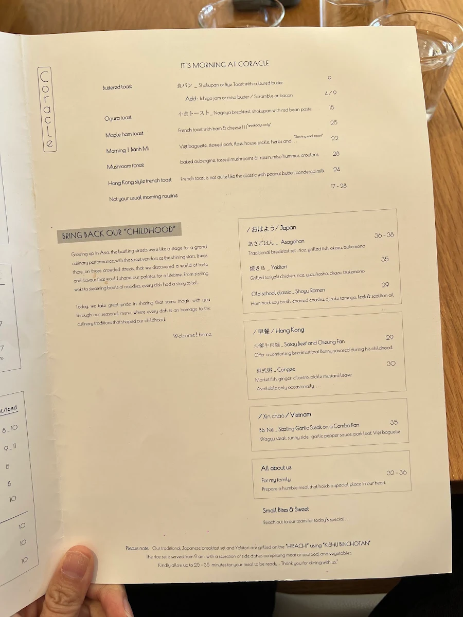 Menu, Coracle