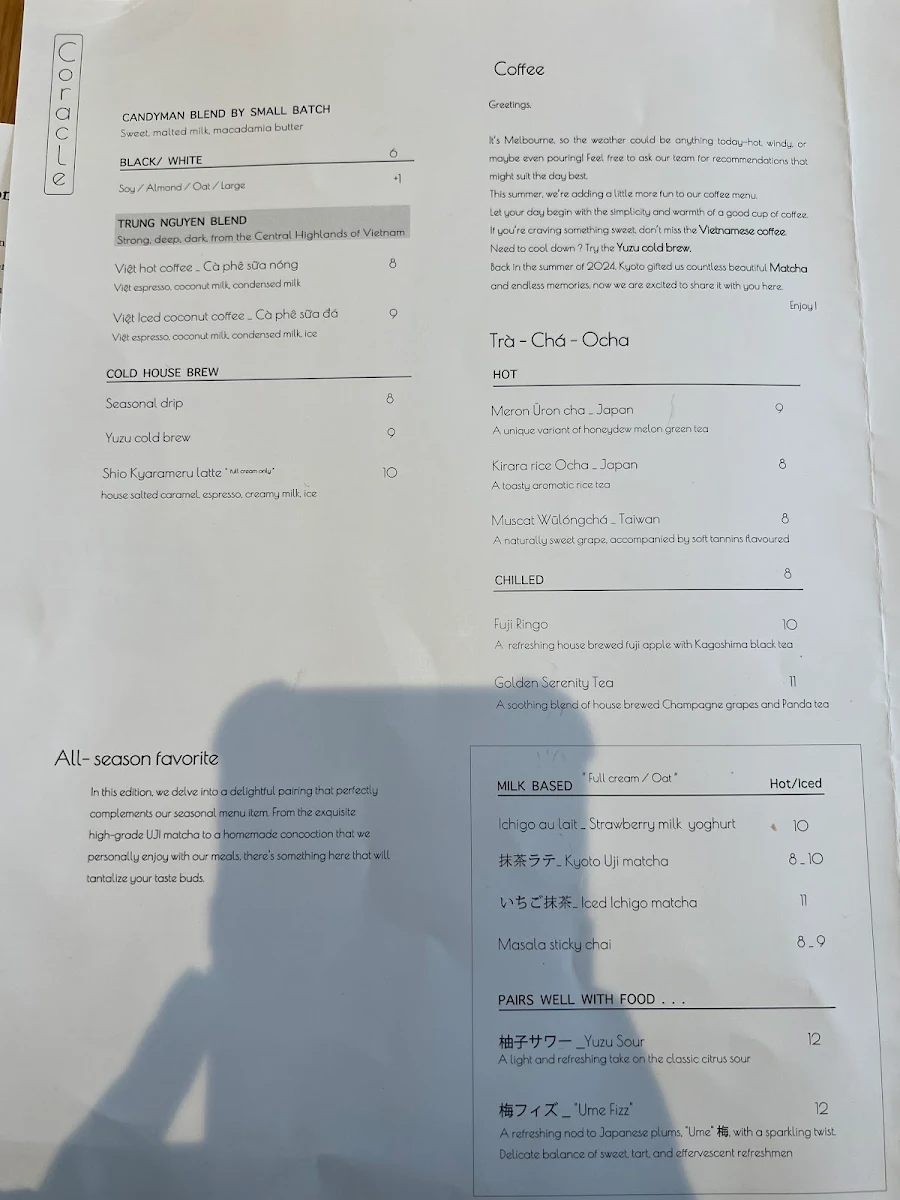 Menu, Coracle