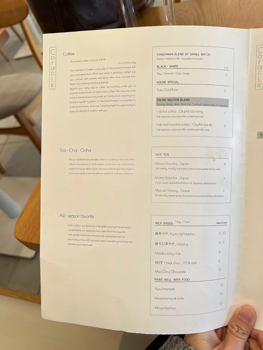 Menu, Coracle