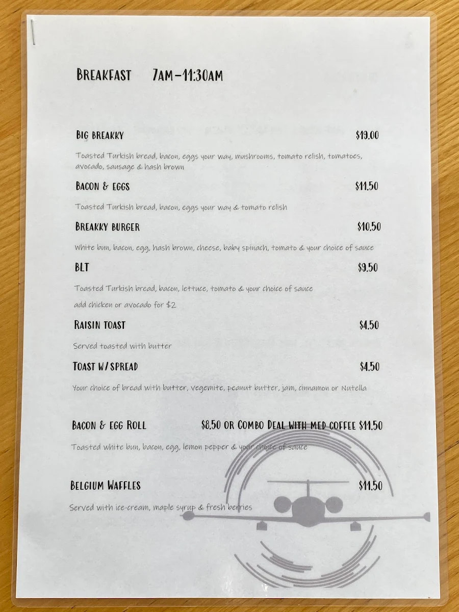 Menu, Jets Cafe