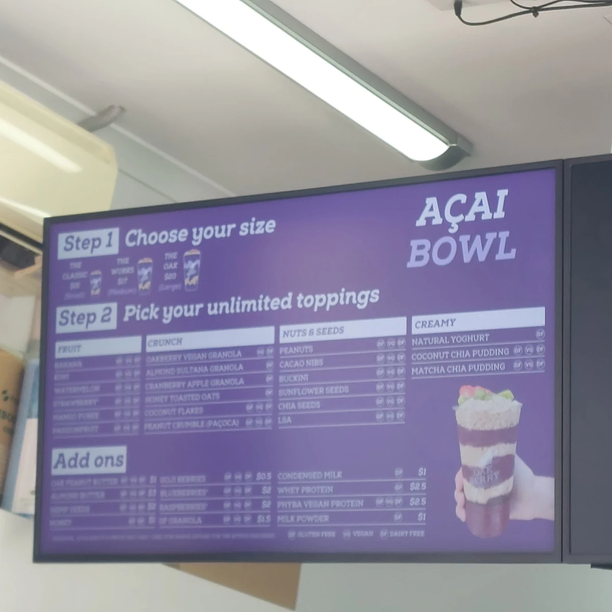 Menu, Oakberry Acai Bondi Road