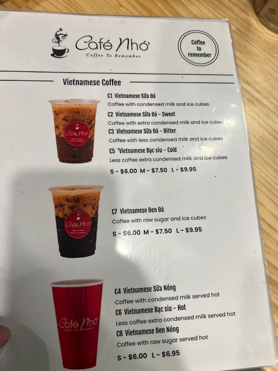 Menu, Cafe Nho