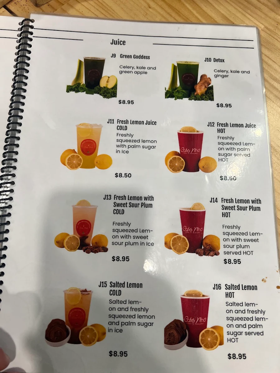 Menu, Cafe Nho