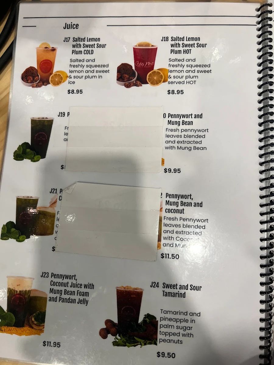 Menu, Cafe Nho