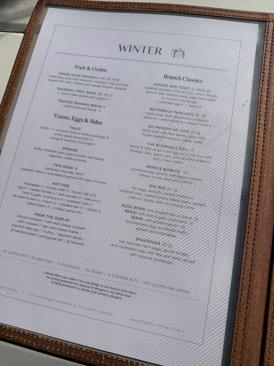 Menu, Diggies Kiama