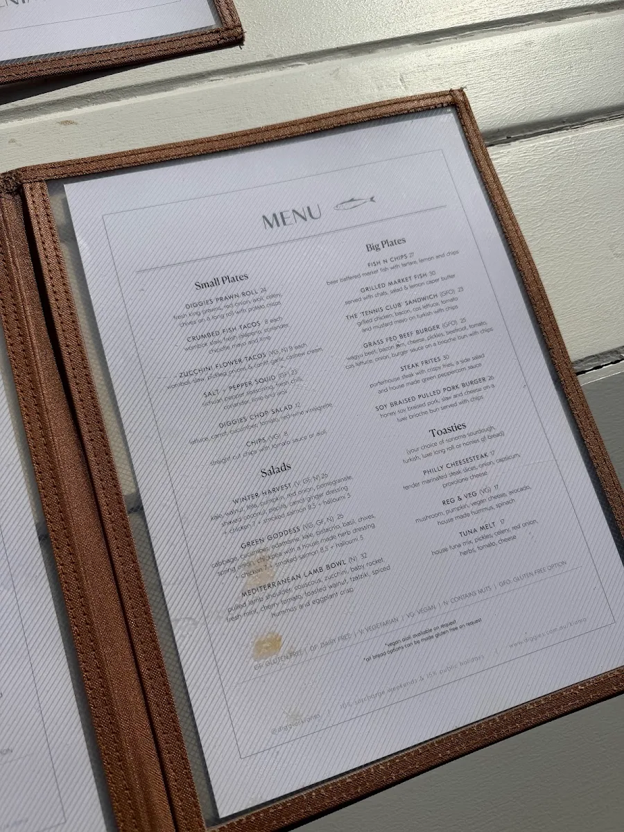 Menu, Diggies Kiama