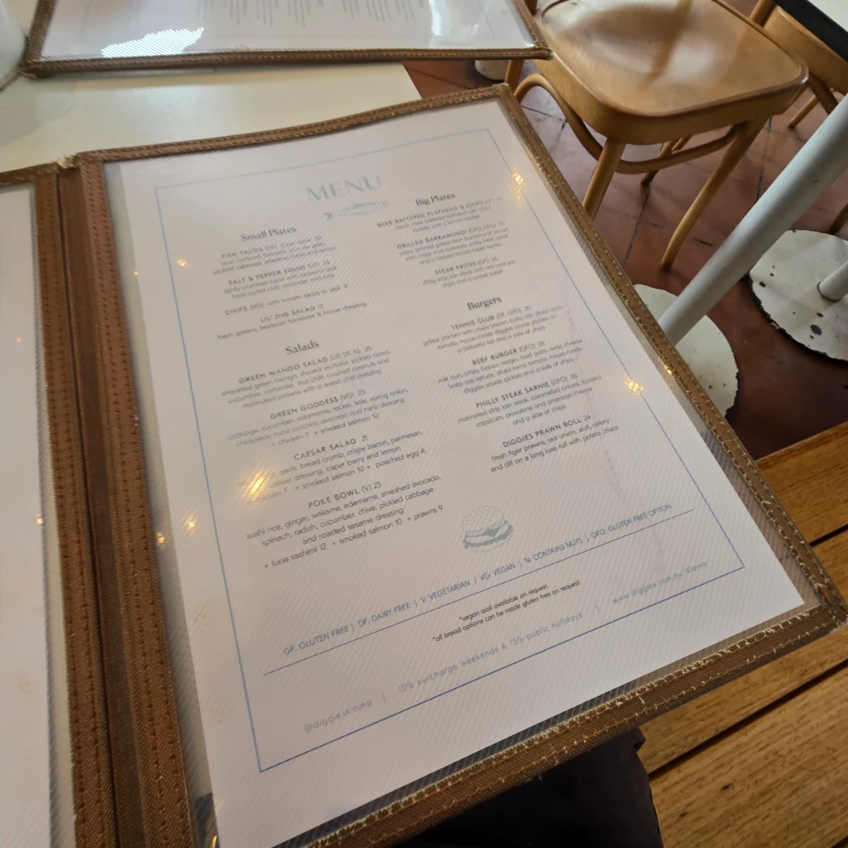 Menu, Diggies Kiama