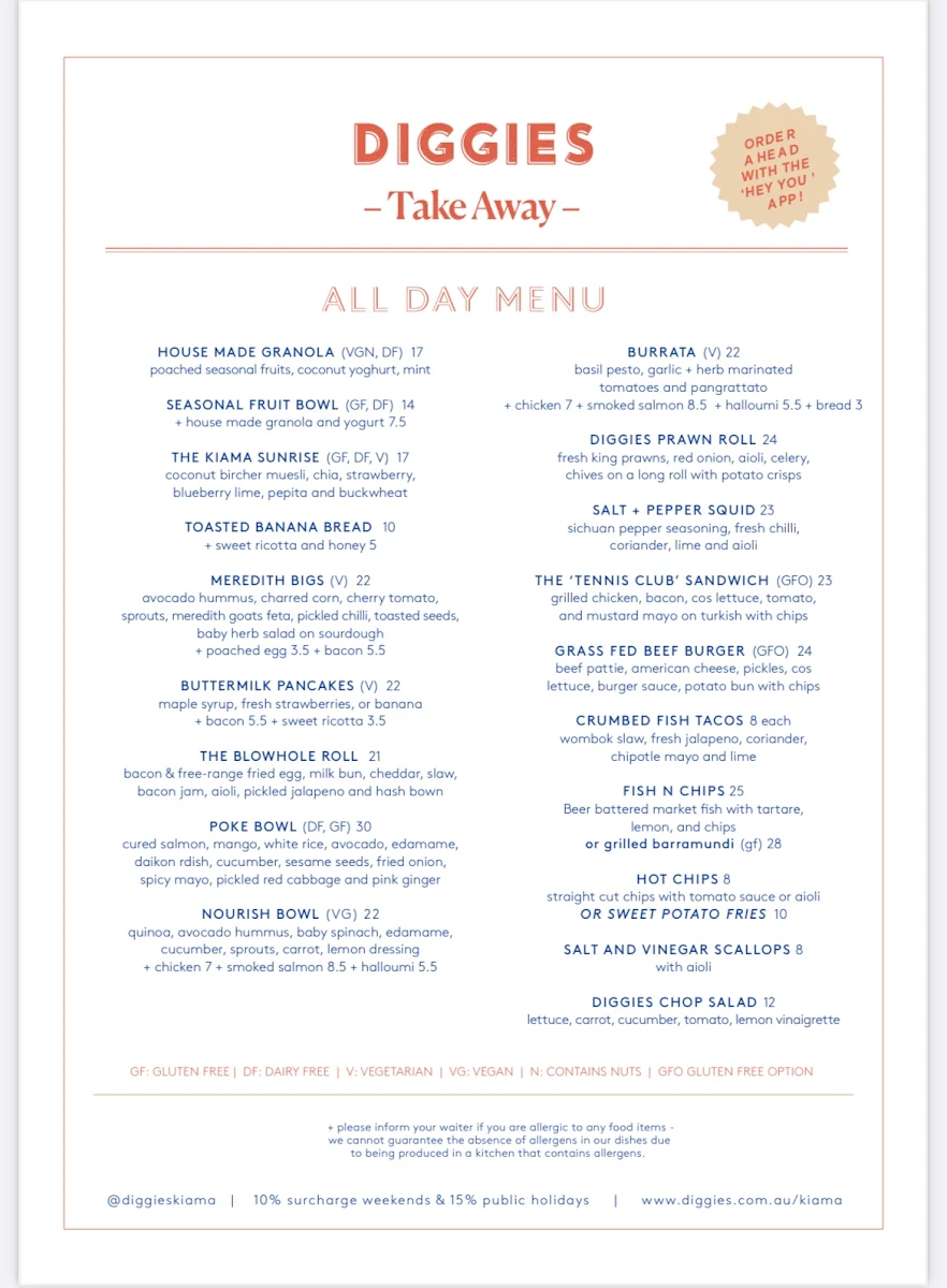 Menu, Diggies Kiama