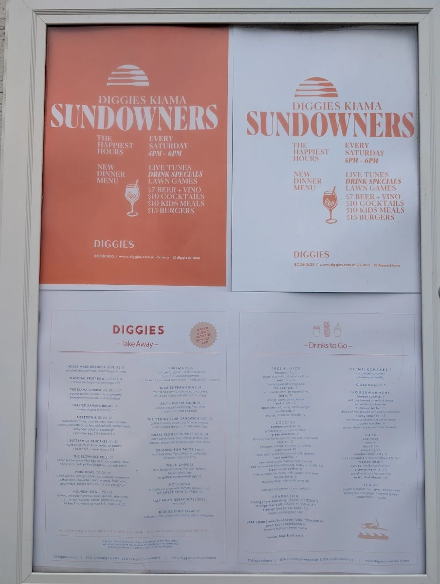 Menu, Diggies Kiama
