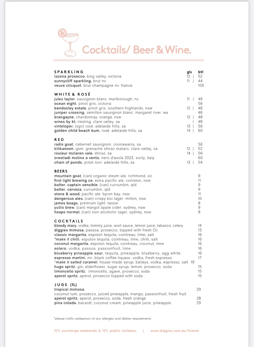 Menu, Diggies Kiama