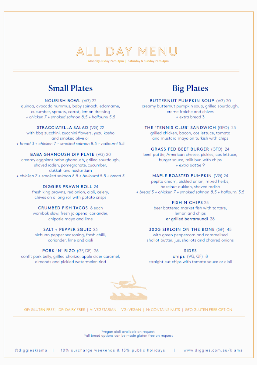 Menu, Diggies Kiama