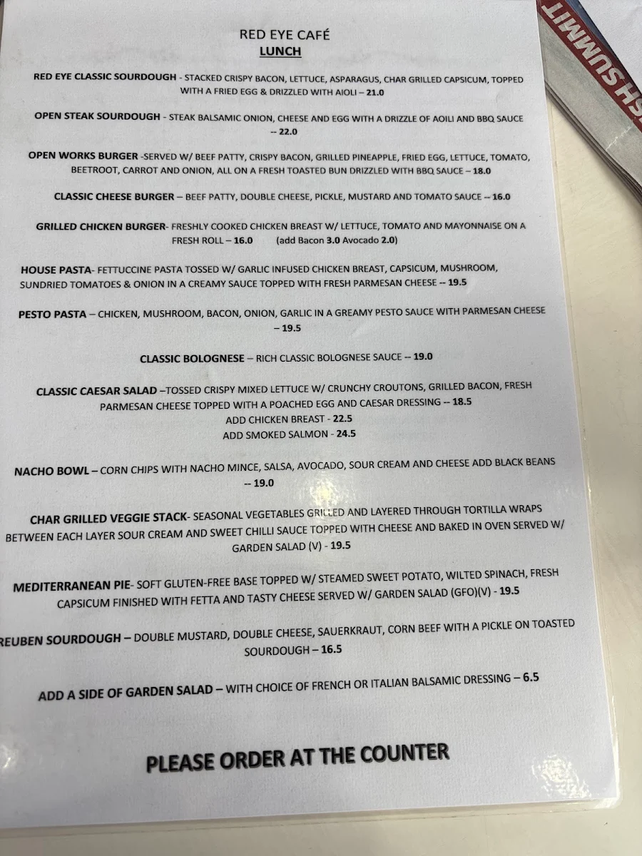 Menu, Red Eye Cafe