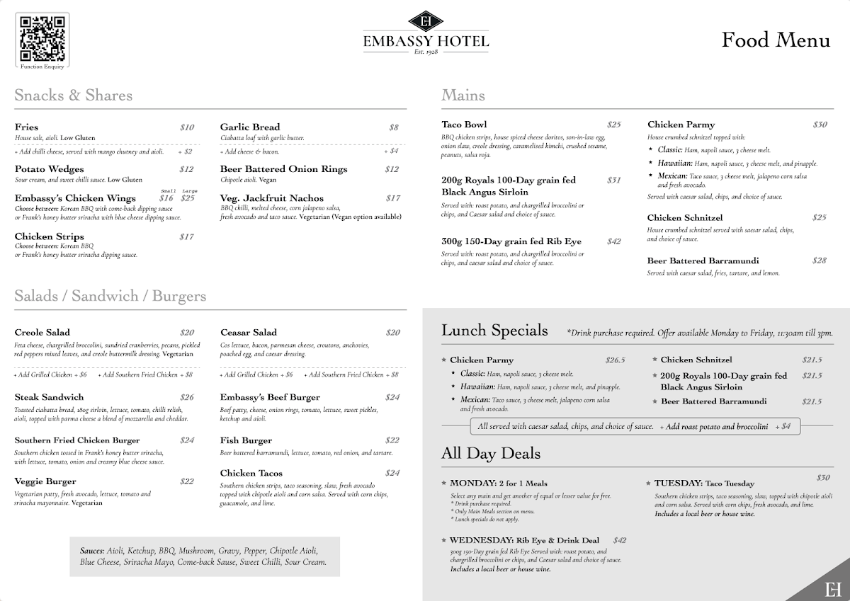 Menu, Embassy Hotel